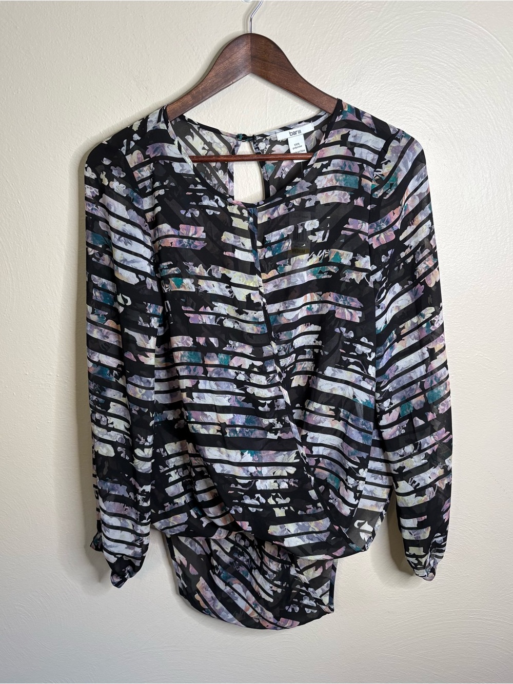 NWT Bar III Sheer Abstract Floral Blouse Medium Long Sleeve Watercolor Top $59